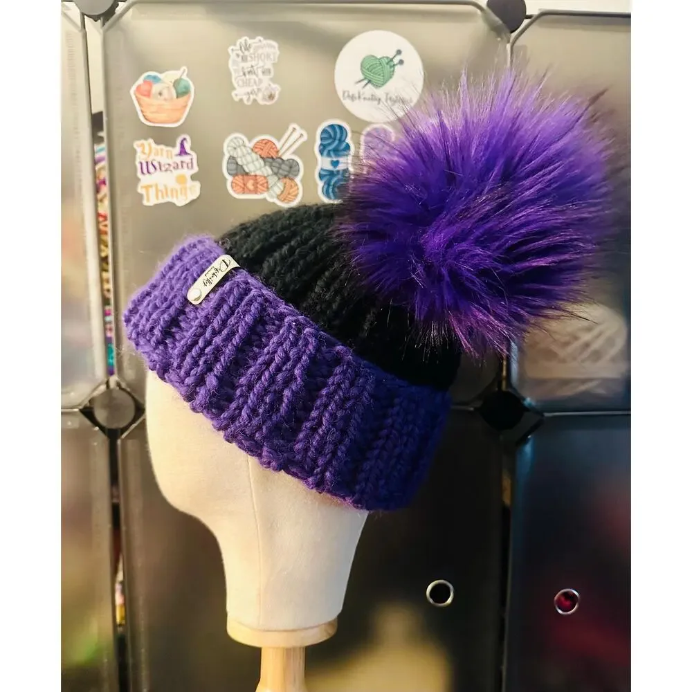 Hand Knit Beanie with Double Faux Fur Poms - Adult Winter Hat